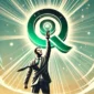 DALL·E 2024 09 06 00.39.00 Create an image of a person holding the bold Q logo up in their hand raising it proudly. The person should have an expression of triumph and confid 1 85x85